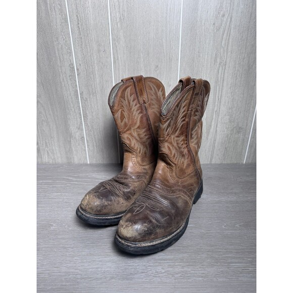 Ariat Men\'s Work Western Boots US 8.5D Brown Leather ATS Equipped Slip Oil